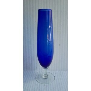 Vintage Empoli Cobalt Blue Champagne Flute Bud Vase Clear Stem Hand Blown MCM